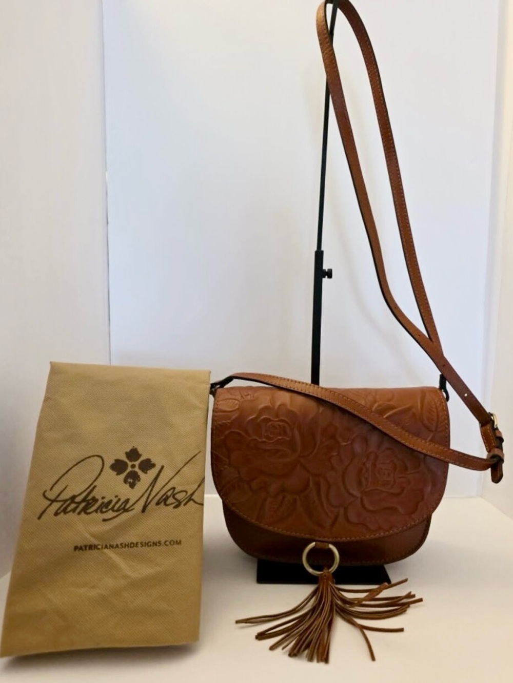 Patricia Nash warm brown, hand tooled Leather Floral Crossbody Bag